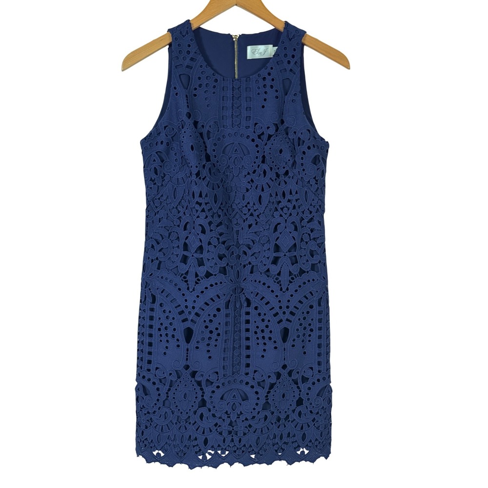 Eliza J Laceβ Sheath Dress Sz 2 Navy Blue Sleeveless Geometric Cocktail Mini